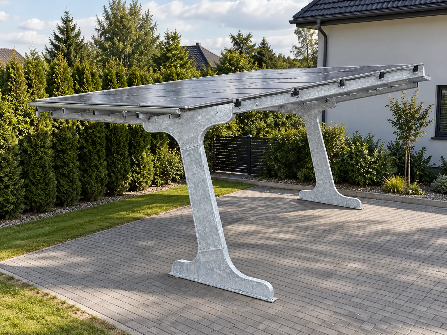 Wiaty ze Stali – konstrukcja pod instalację PV – widok z boku, wizualizacja poglądowa
